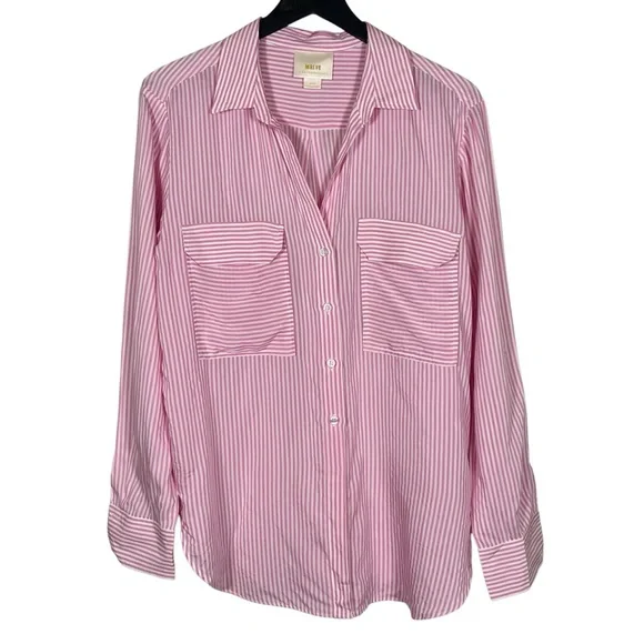 Maeve Anthropologie Size M Zadie Striped Button Up Top Pink White - Picture 3 of 8